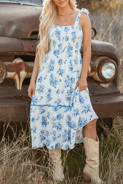 Sky Blue Floral Print Shirred Knot Shoulder Sleeveless Long Dress