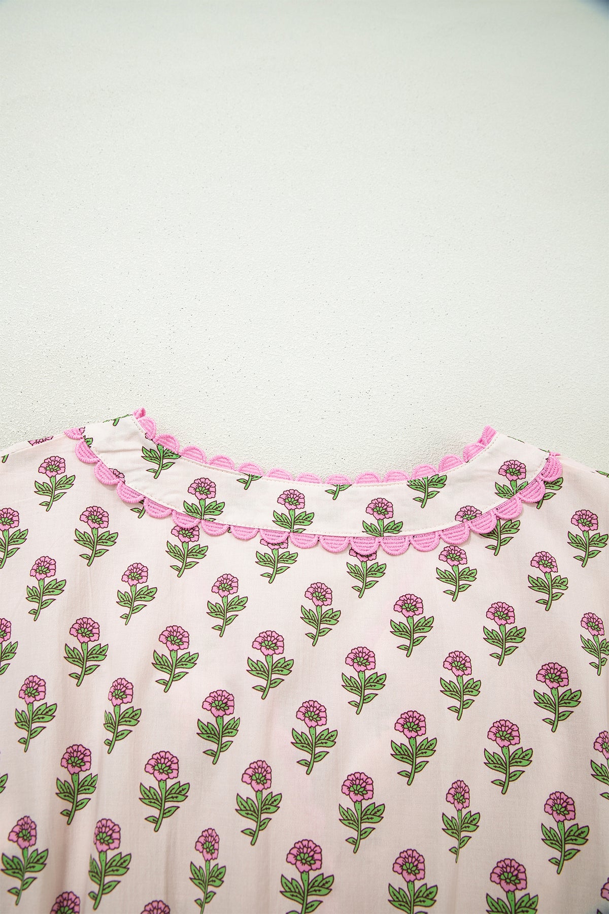 Pink Floral Print V Neck Scallop Trim Button Front Short Sleeve Long Dress