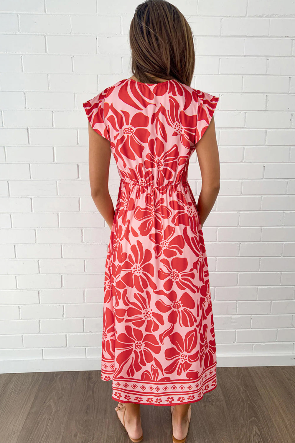 Red Boho Floral Short Sleeve V Neck Buttoned Shirred Waist Long Dress