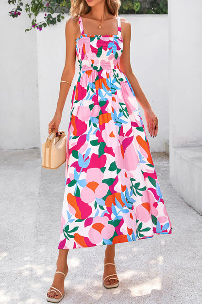 Pink Floral Print Adjustable Straps Smocked High Waist Sundress