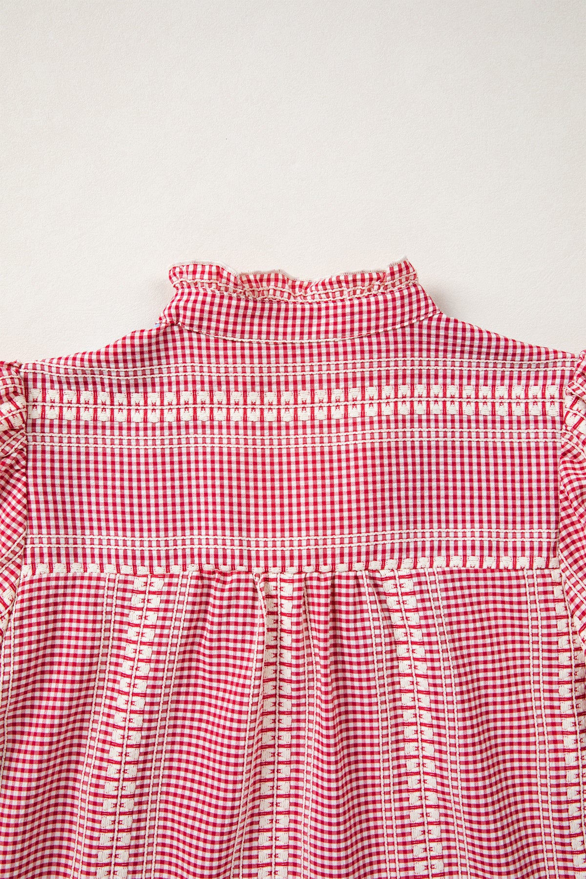 Brown Western Pony Embroidered Yoke Puff Sleeve Gingham Blouse