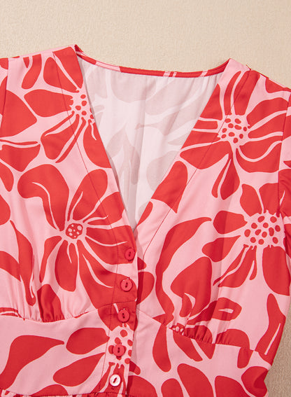 Red Boho Floral Short Sleeve V Neck Buttoned Shirred Waist Long Dress