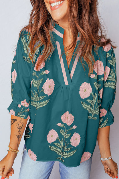 Sky Blue Casual Wild Flower Print V Neck 3/4 Sleeve Blouse
