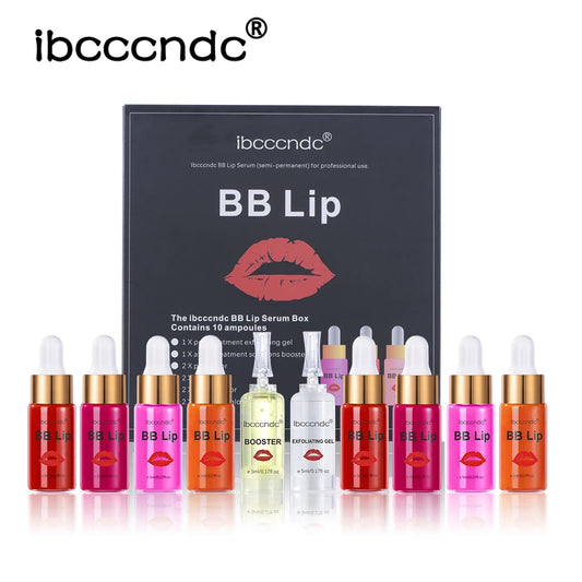 Professional ibcccndc BB Lip Serum Kit with 10 ampoules including exfoliating gel, booster, and color pigments.