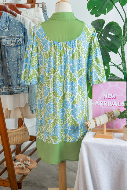 Sky Blue Floral Print Color Block Patchwork Shirt Collar Half Sleeve Mini Dress