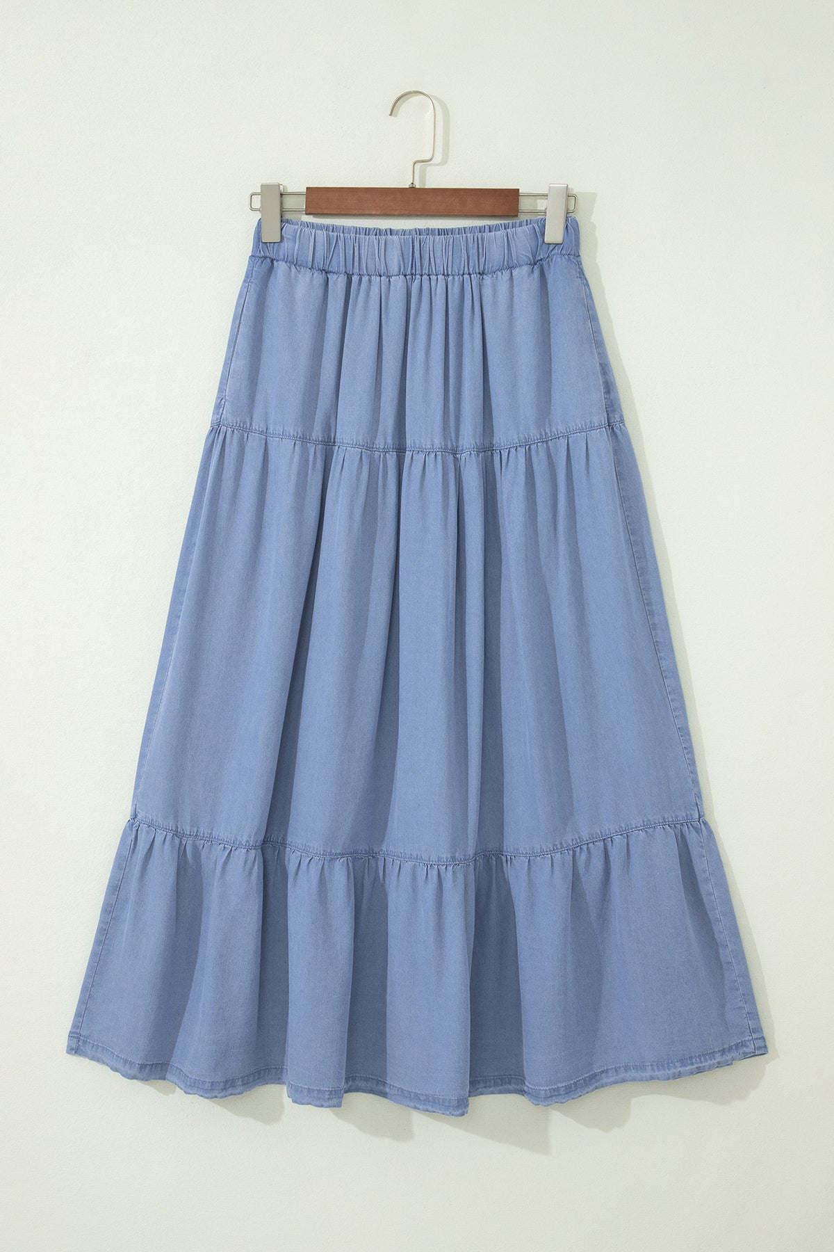 Beau Blue Elastic Waist Ruffled Tiered Flared Denim Maxi Skirt