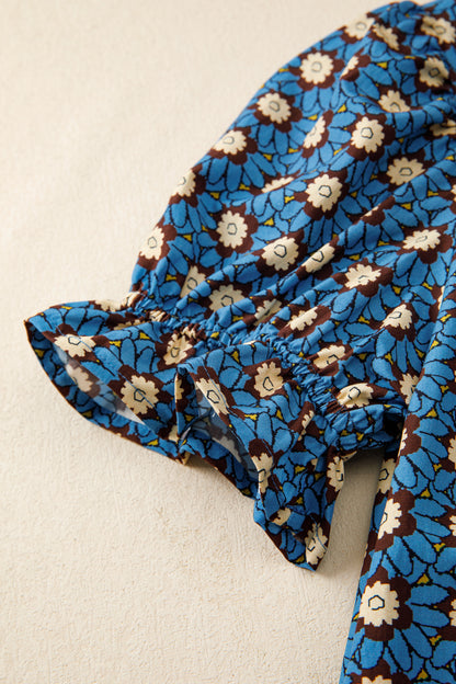 Sky Blue Retro Floral Print V Neck Pleated Detail Short Puff Sleeve Blouse