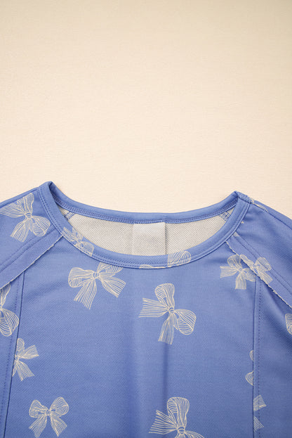 Sky Blue Bow Knot Print Crewneck Ruffled Sleeve Shift Mini Dress