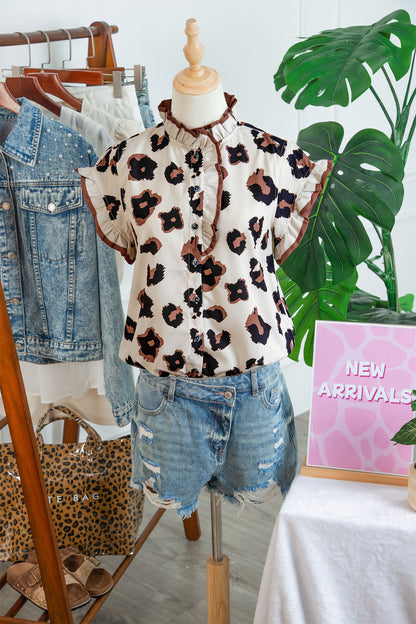 Khaki Leopard Printed Ruffle Sleeve Summer Blouse
