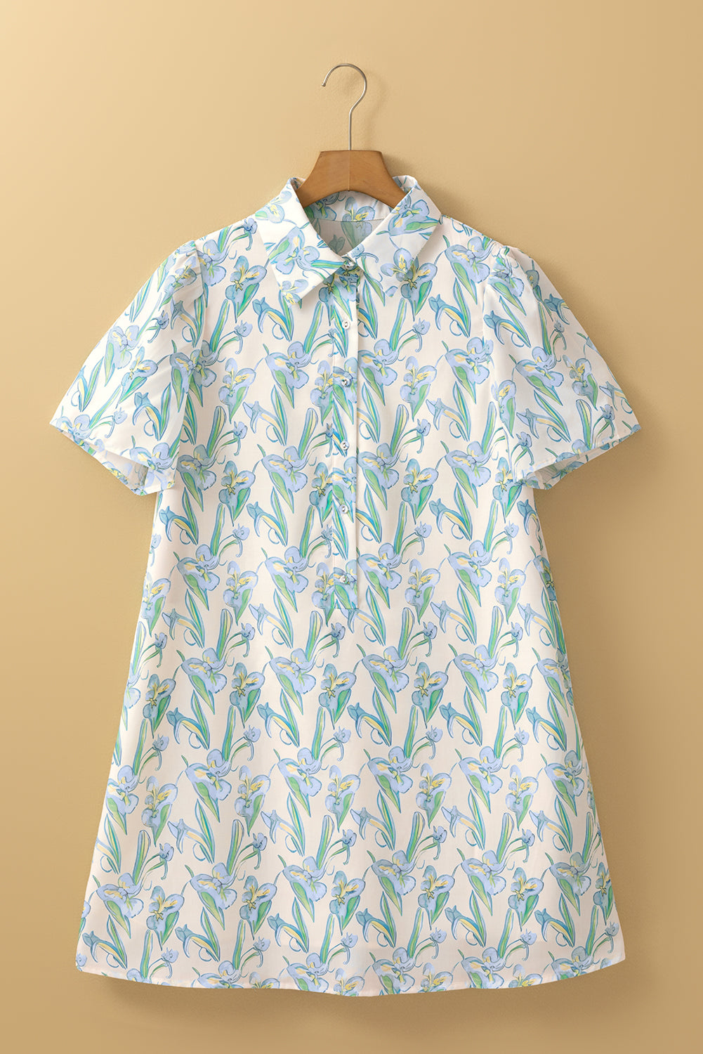 Green Floral Print Shirtcollar Buttoned Short Sleeve Shift Dress