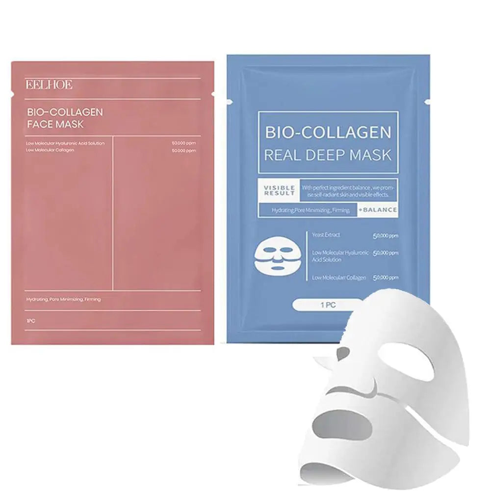 Infographic of the Bio-Collagen mask benefits: moisture retention, skin radiance, and reduction of wrinkles and fine lines.