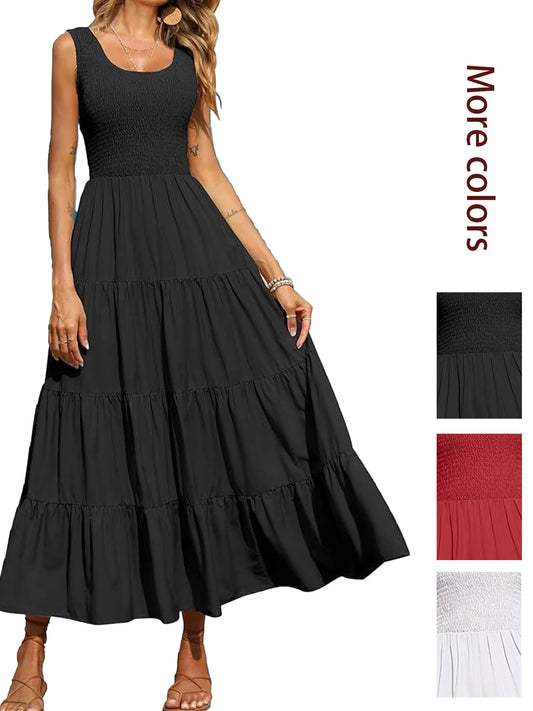 Fashionable black sleeveless maxi dress with a smocked bodice and tiered pleated skirt, including color options.
