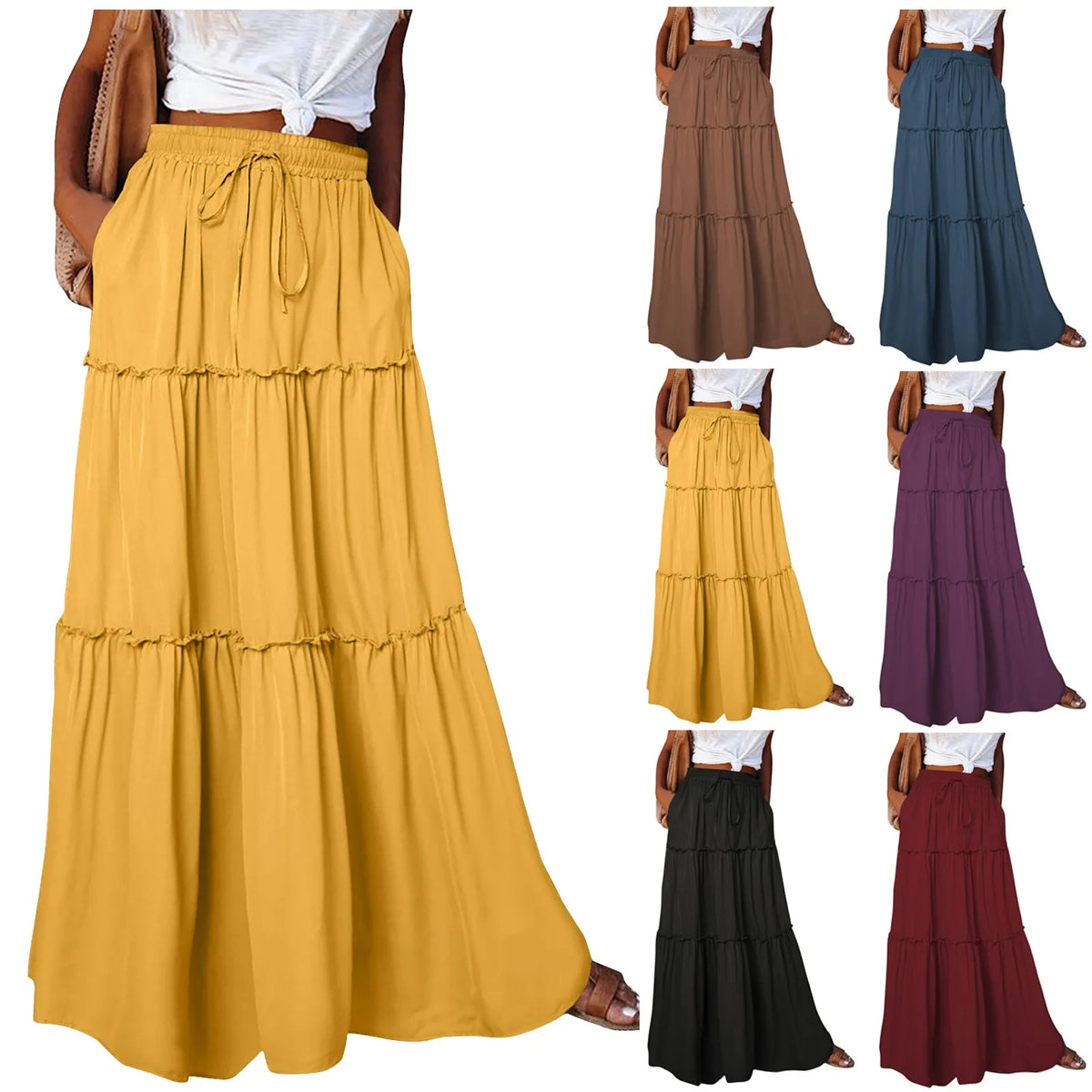 Variety of colors for the tiered A-line maxi skirt including yellow, blue, brown, and burgundy.