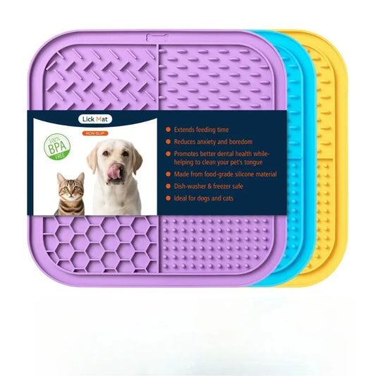 Purple silicone lick mat for dogs and cats highlighting benefits like reducing anxiety, cleaning the tongue, and being freezer safe.