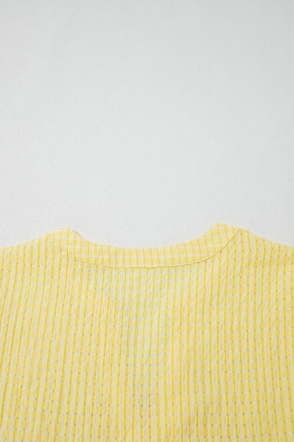 Yellow Gingham Textured Bow Tie Short Sleeve Tiered Midi Dress