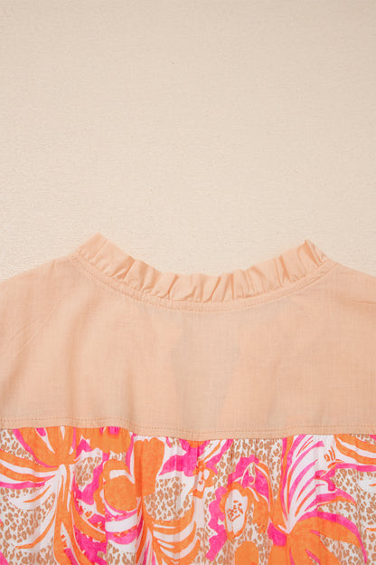 Rose Floral Print Color Block Ruffled Short Sleeve Flared Midi Dress