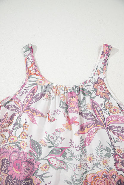 Multicolour Floral Print Fringed Tie U Neck Sleeveless Mini Dress