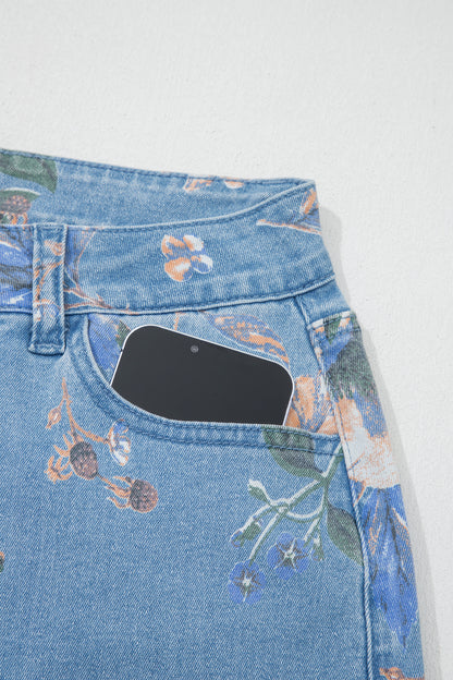 Sky Blue Retro Floral Print Frayed Hem Shift Jeans