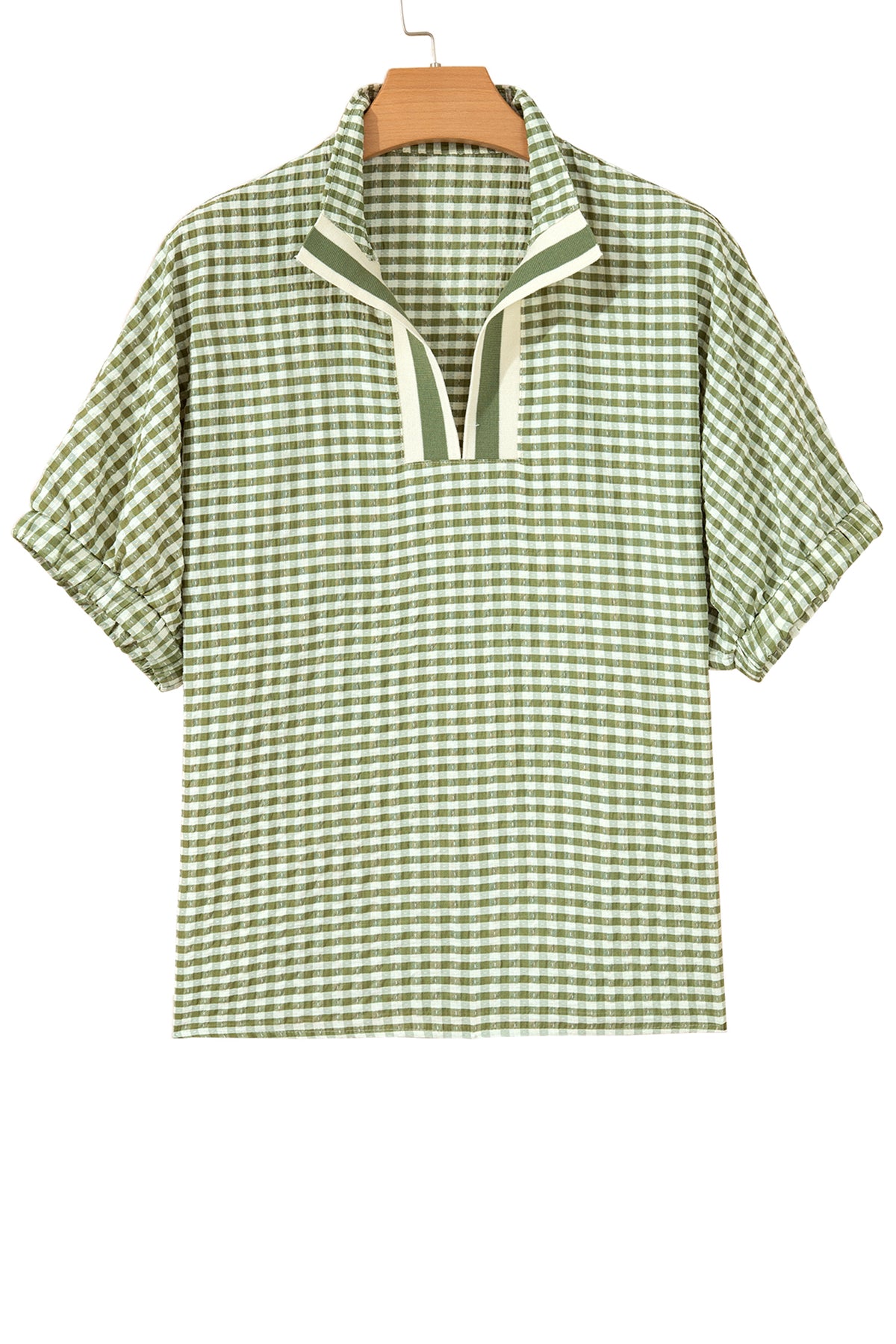 Red Plaid Short Sleeve Colorblock Trim Split Neck Blouse