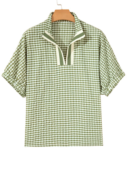 Red Plaid Short Sleeve Colorblock Trim Split Neck Blouse