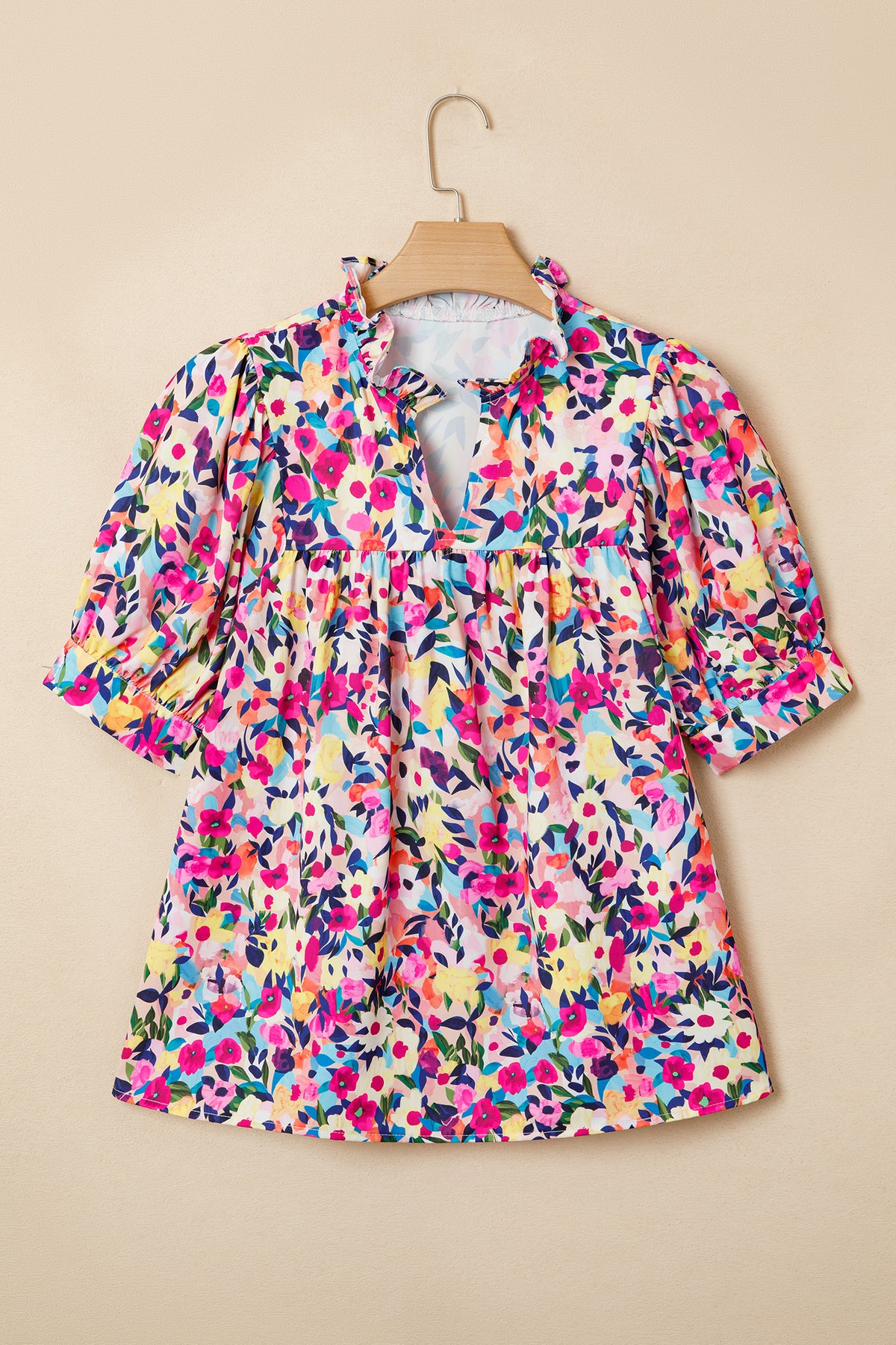 Pink Flower Print Frilled Collar Short Puff Sleeve Summer Blouse