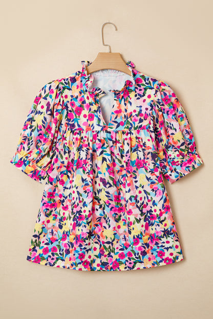 Pink Flower Print Frilled Collar Short Puff Sleeve Summer Blouse
