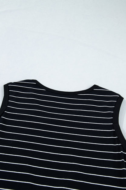 Black Stripe Drawstring Tunic Tank Mini Dress with Pockets