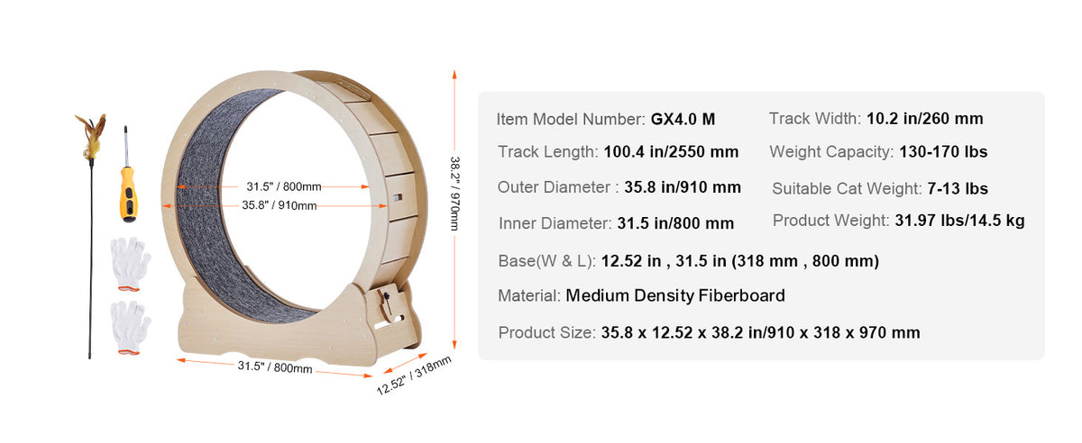 SucceBuy Wooden Cat Exercise Wheel Large Cat Treadmill Wheel for Indoor Cat Running Wheel with Detachable Carpet& Cat Teaser