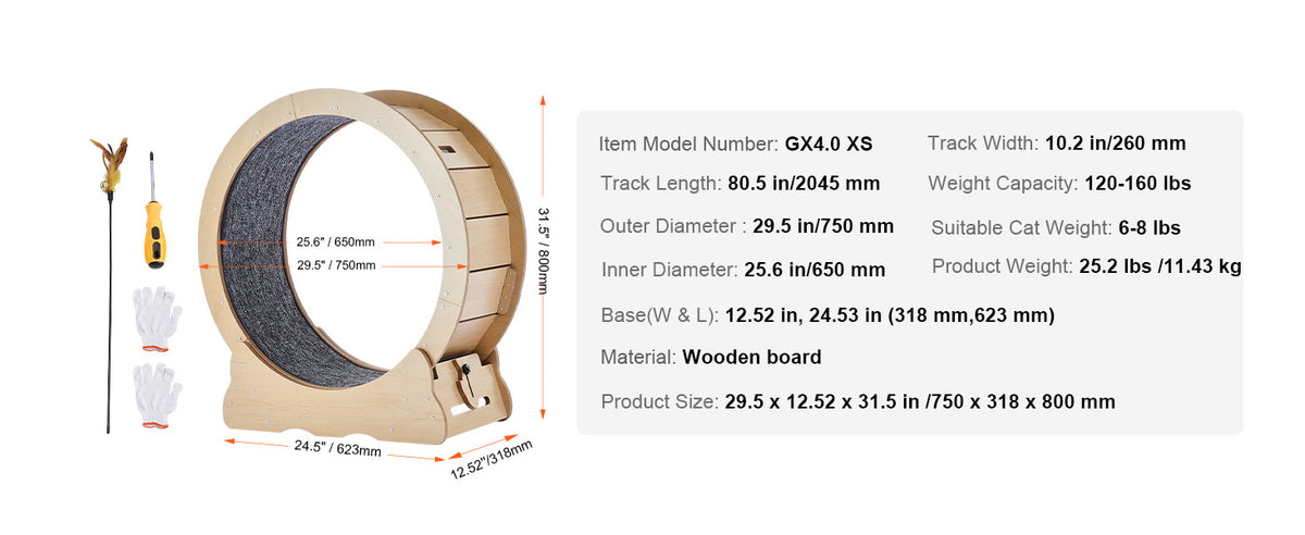SucceBuy Wooden Cat Exercise Wheel Large Cat Treadmill Wheel for Indoor Cat Running Wheel with Detachable Carpet& Cat Teaser