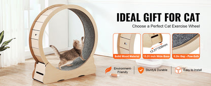 SucceBuy Wooden Cat Exercise Wheel Large Cat Treadmill Wheel for Indoor Cat Running Wheel with Detachable Carpet& Cat Teaser