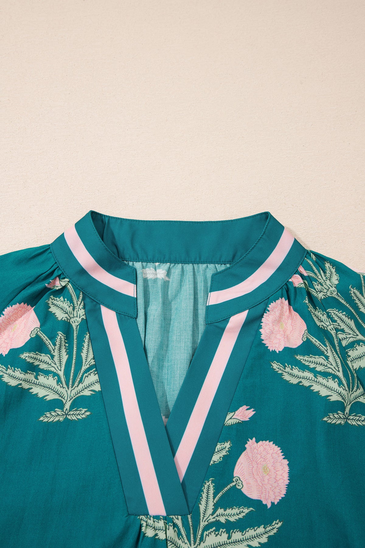 Sky Blue Casual Wild Flower Print V Neck 3/4 Sleeve Blouse