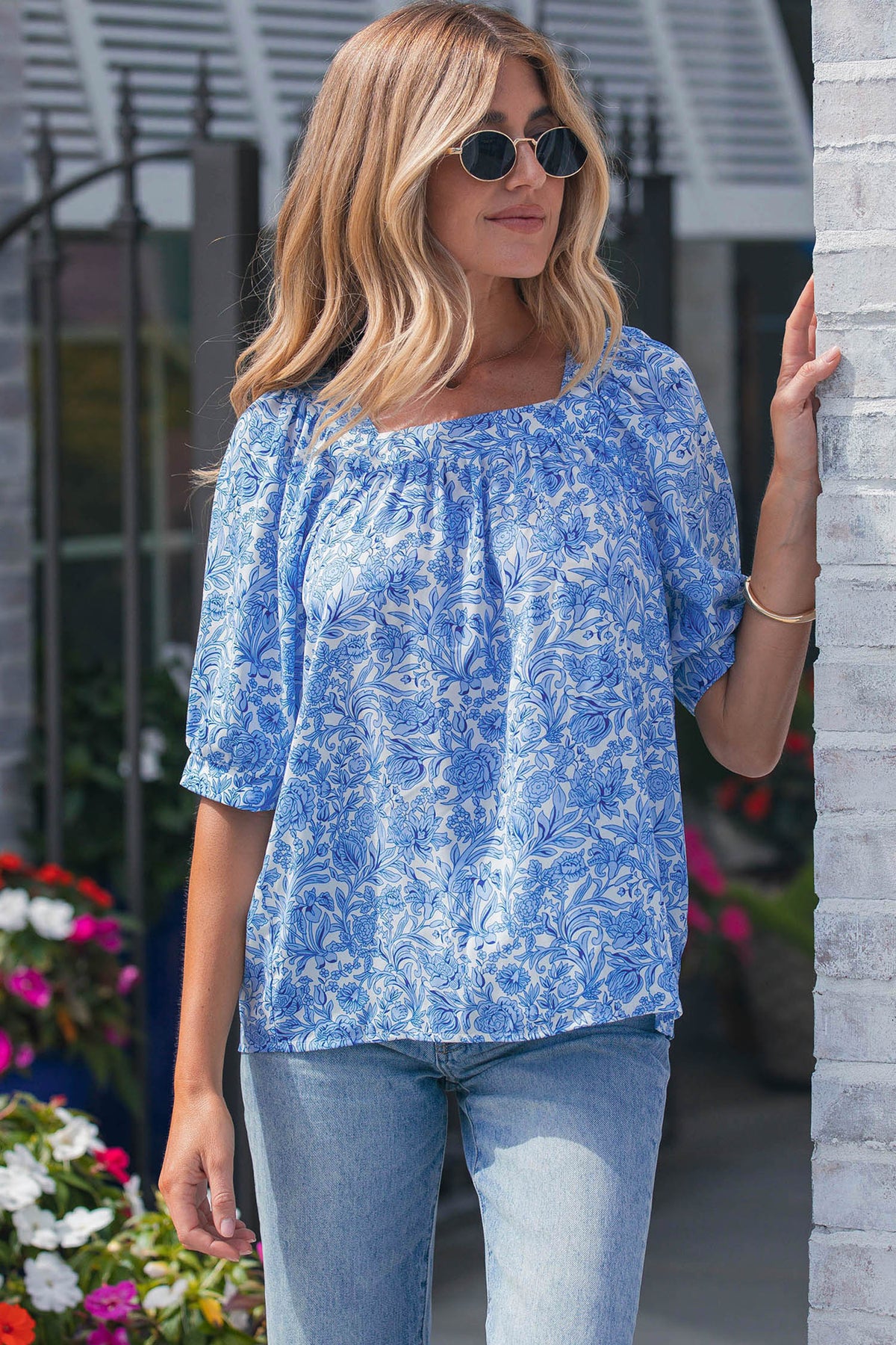 Sky Blue Square Neck Short Puff Sleeve Pleated Floral Blouse