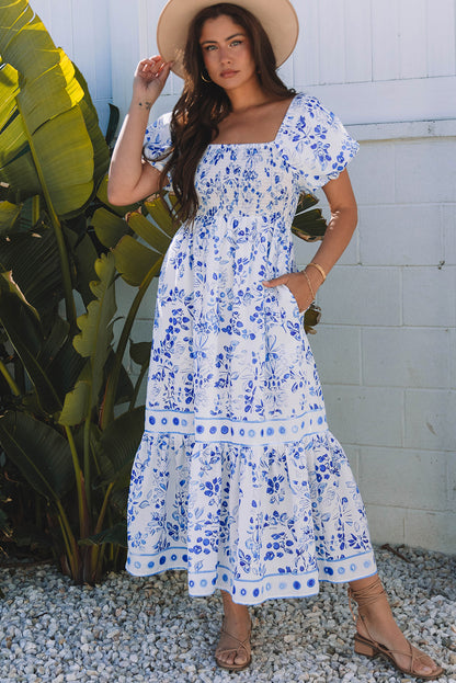 Sky Blue Floral Print Square Neck Bubble Sleeve High Waist Maxi Dress