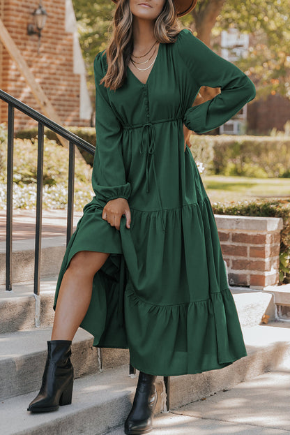 Chestnut Solid Long Sleeve Button V Neck Tiered Maxi Dress