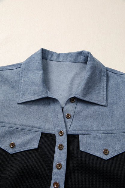Black Waffle Knit Denim Color Block Patchwork Button Flap Polo Top