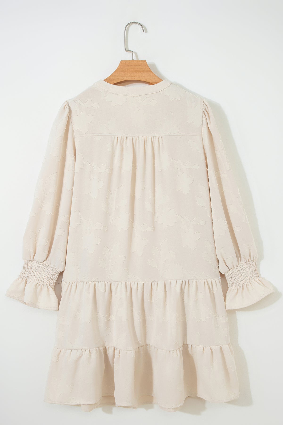Parchment Long Sleeve Notched Neck Jacquard Tiered Mini Dress
