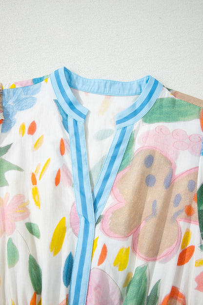 Multicolour Floral Doodle Print Striped Trim V Neck Midi Dress