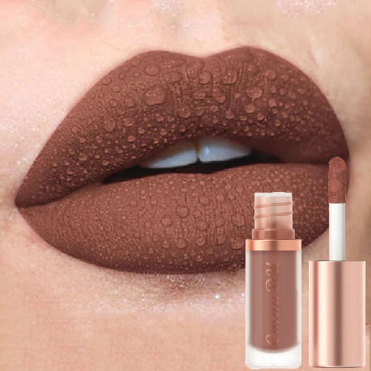 Close-up of lips with a brown matte velvet finish showing the waterproof and long-lasting texture of CmaaDu lip glaze.