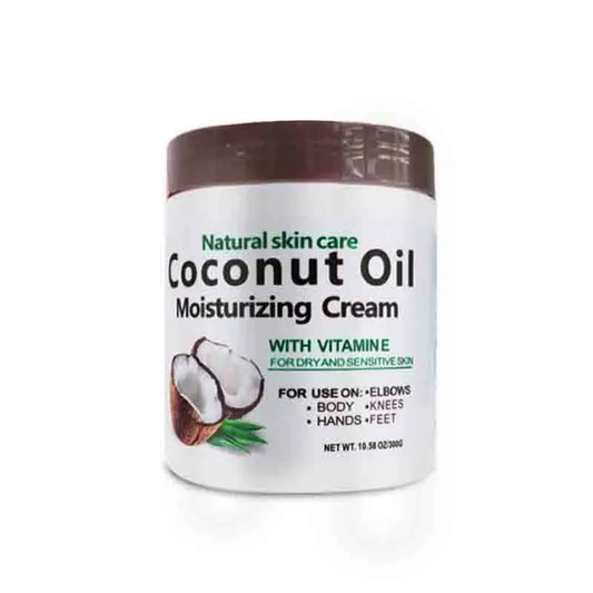 Premium 300g jar of natural coconut oil cream designed for elbows, knees, hands, and feet hydration.