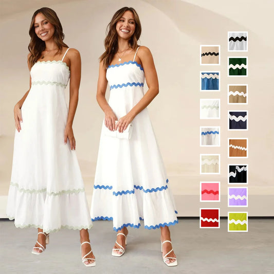 White princess silhouette midi dresses featuring blue and green scalloped trim options with color swatches.