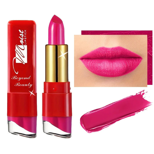 Vibrant pink creamy moisturizing lipstick tube with a demonstration of the satin finish on lips.