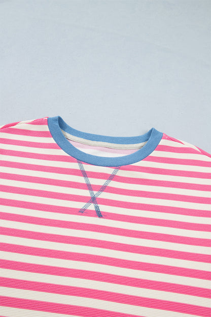 Pink Stripe Contrast Patchwork Short Sleeve T Shirt Shift Dress