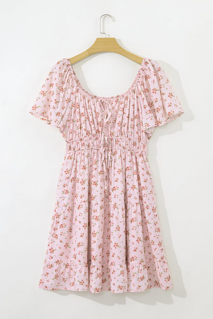 Pink Front Tie Shirred Waist Short Sleeve Ruffled Floral Mini Dress