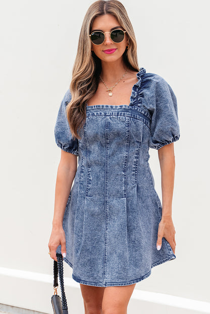 Blue Frilly Square Neck Bustier Puff Sleeve Short Denim Dress