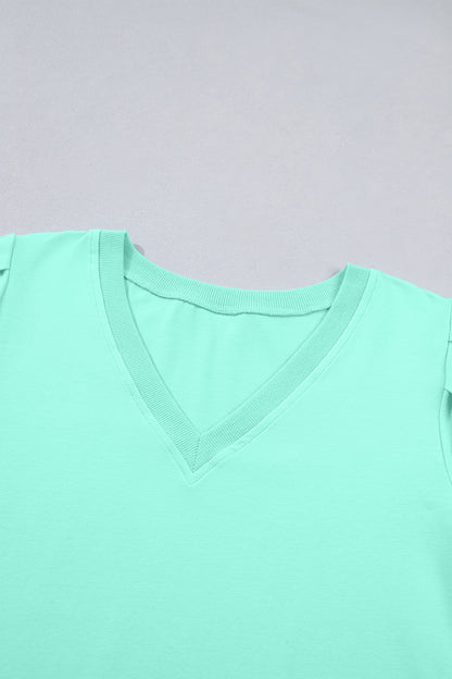 Bonbon Solid Color V Neck Short Puff Sleeve Blouse