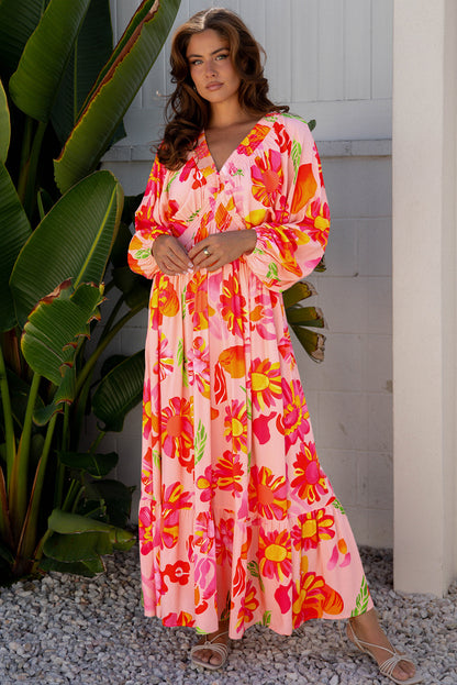Beige Floral Print Smocked Detail V Neck Puff Sleeve Flowy Maxi Dress