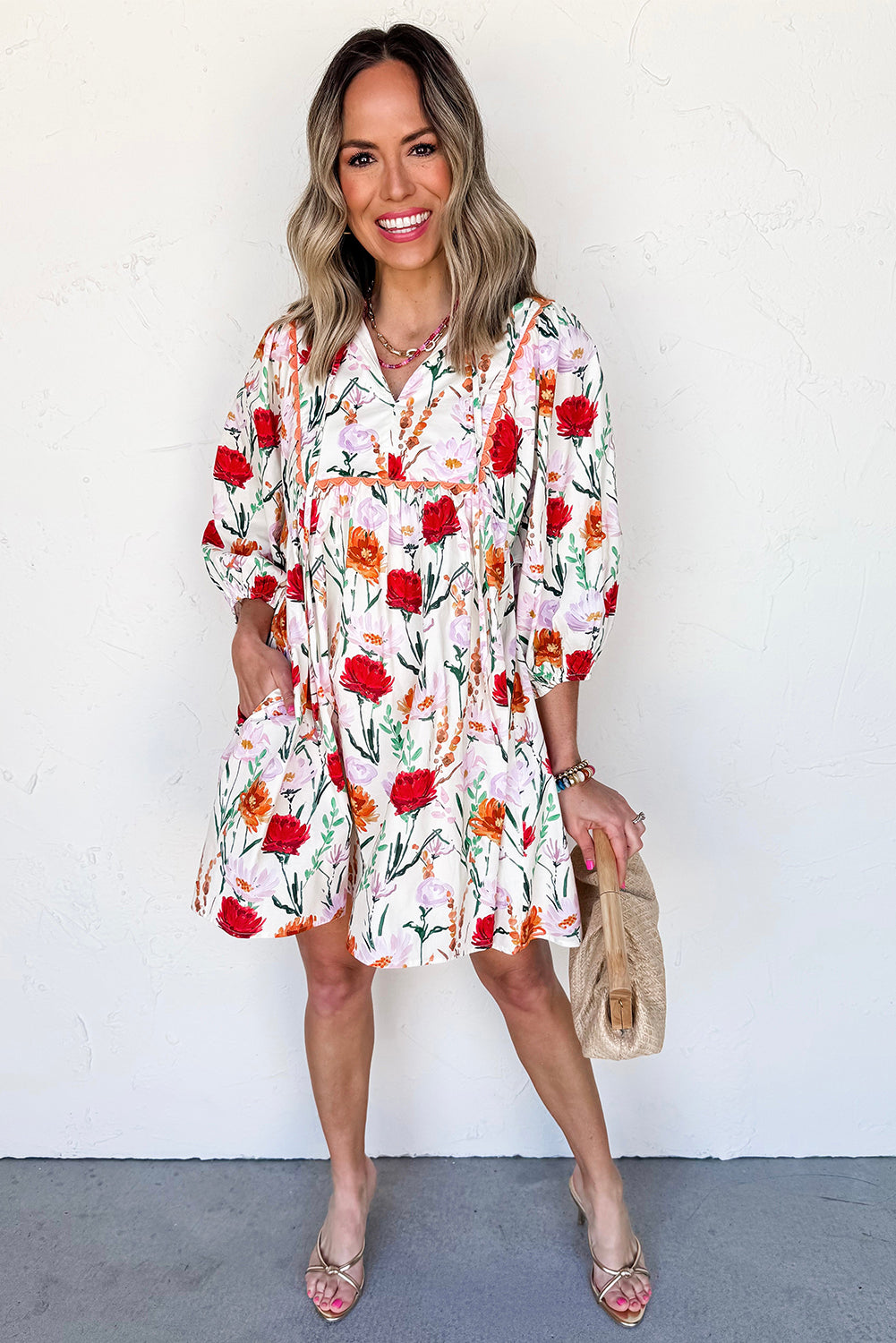 Beige Floral Print 3/4 Puff Sleeve Ricrac Trim Mini Dress
