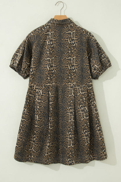 Gray Leopard Print Short Sleeve Pleated Denim Mini Dress