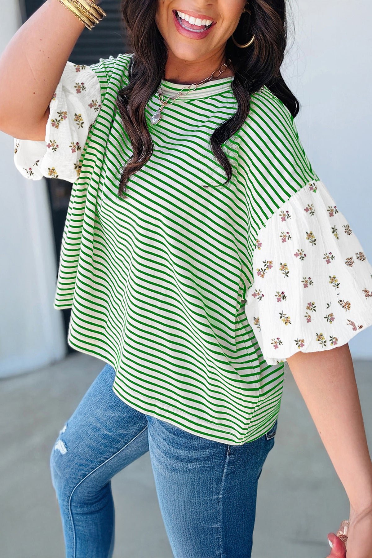 Black Stripe Floral Puff Sleeve Patchwork Round Neck Loose Top