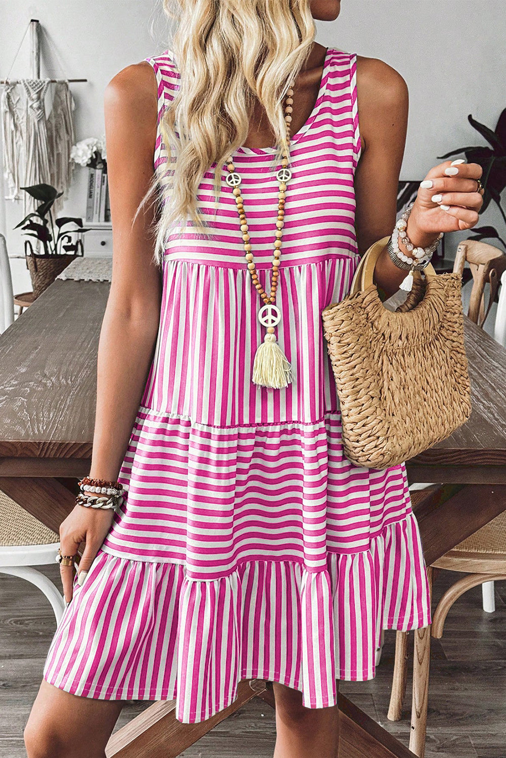 Black Stripe U Neck Sleeveless Loose Fit Mini Dress